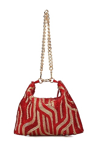 Red Suede Embroidered Hobo Bag by Ricammo
