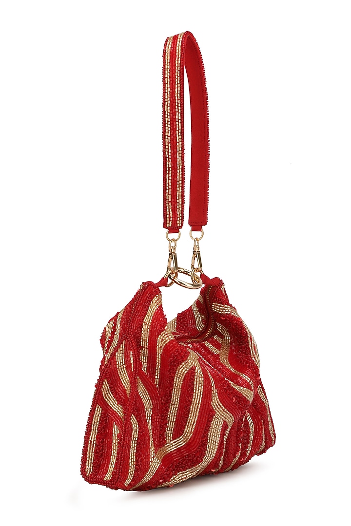 Red Suede Embroidered Hobo Bag by Ricammo at Pernia's Pop Up Shop