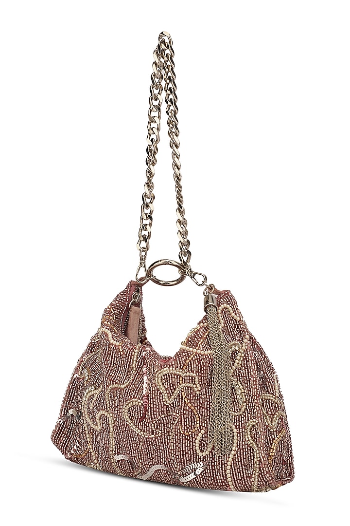 Mauve Velvet Embellished Hobo Bag by Ricammo