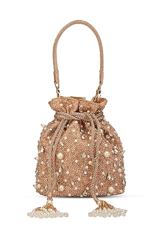 Rose Gold Suede Embroidered Potli by Ricammo
