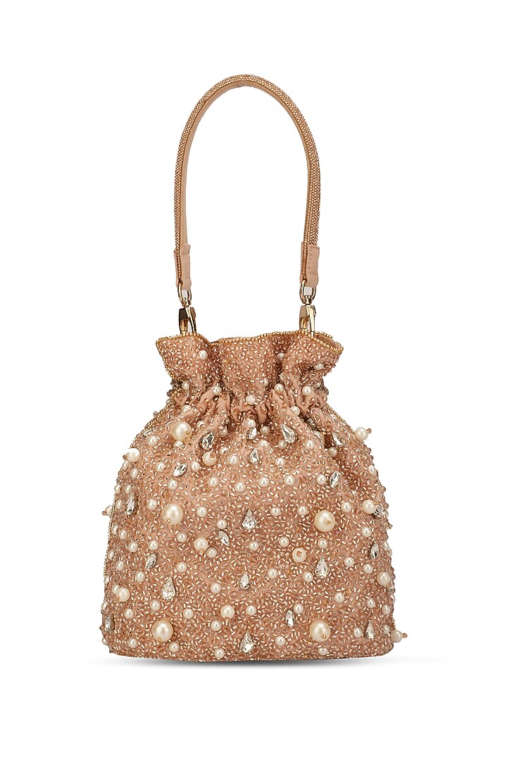 Rose Gold Suede Embroidered Potli by Ricammo at Pernia's Pop Up Shop