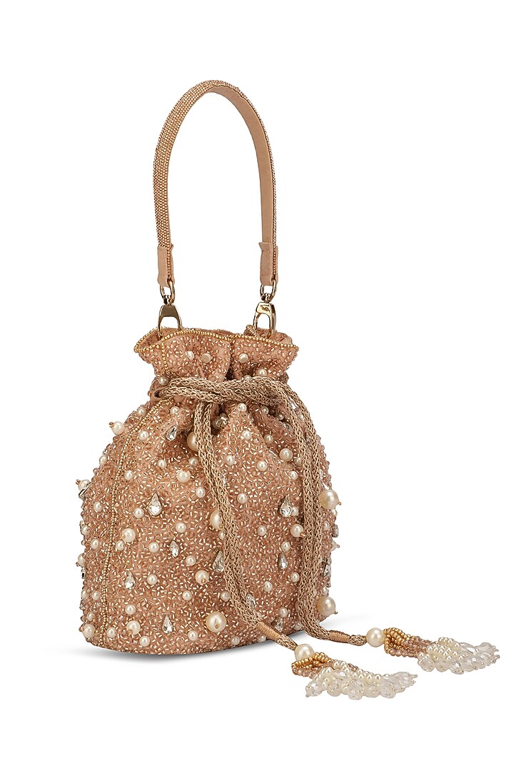 Rose Gold Suede Embroidered Potli by Ricammo at Pernia's Pop Up Shop