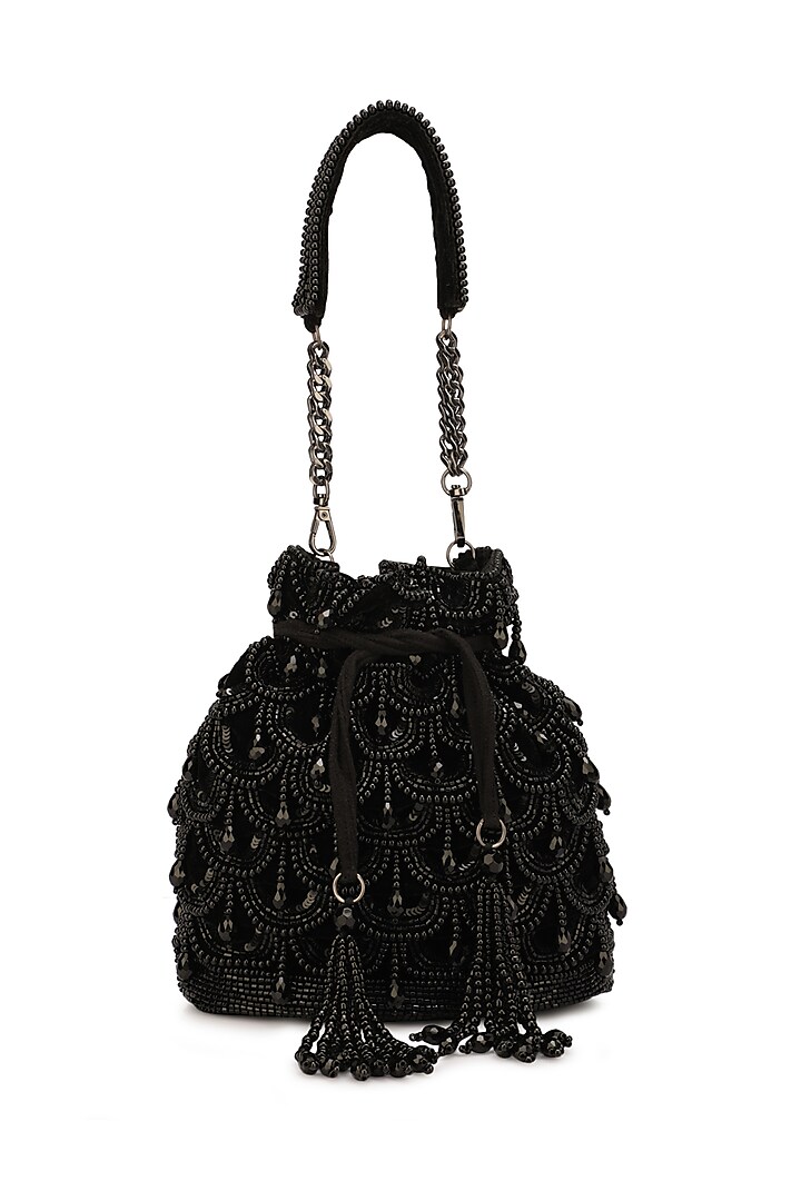 Black Velvet Embellished Potli by Ricammo