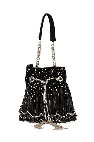 Black Velvet Embroidered Potli by Ricammo