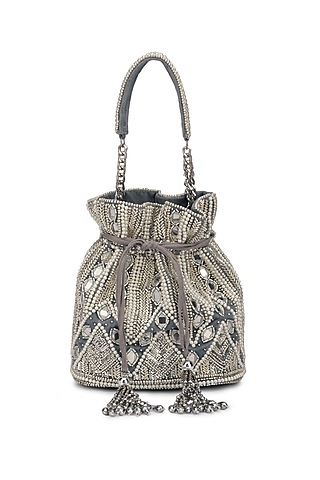 Grey Velvet Embellished Potli by Ricammo