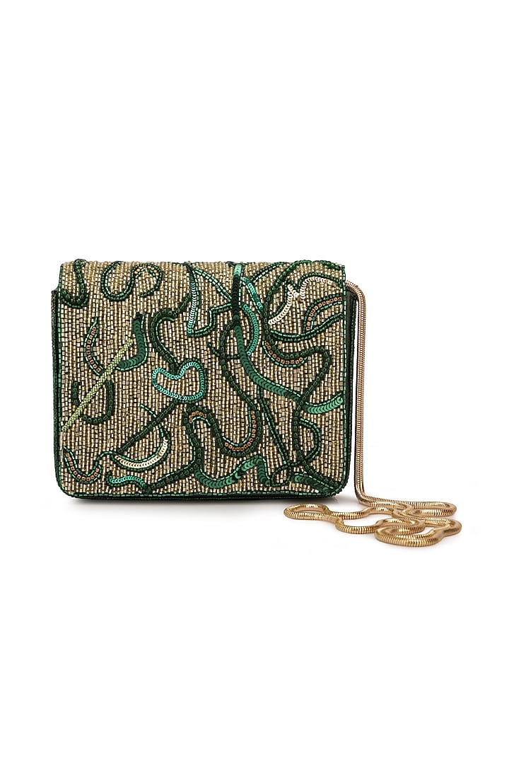 Green Suede Embellished Handbag by Ricammo