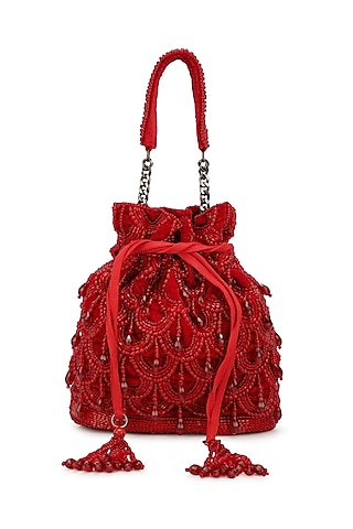 Red Velvet Embellished Potli by Ricammo