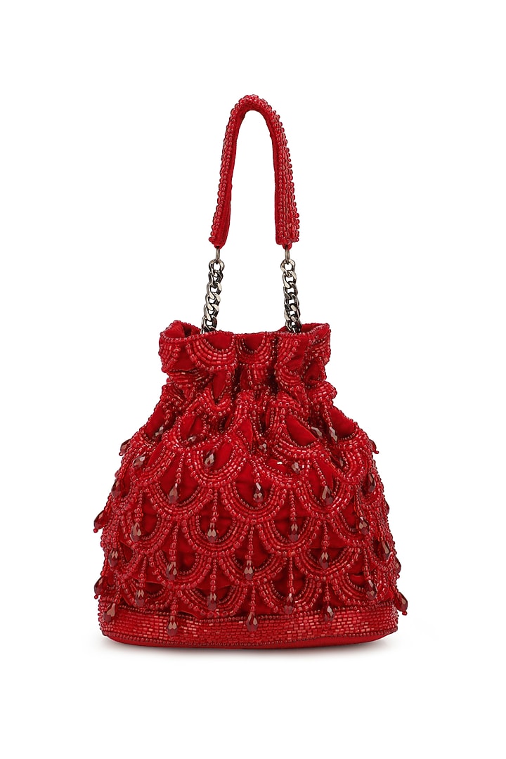 Red Velvet Embellished Potli by Ricammo at Pernia's Pop Up Shop