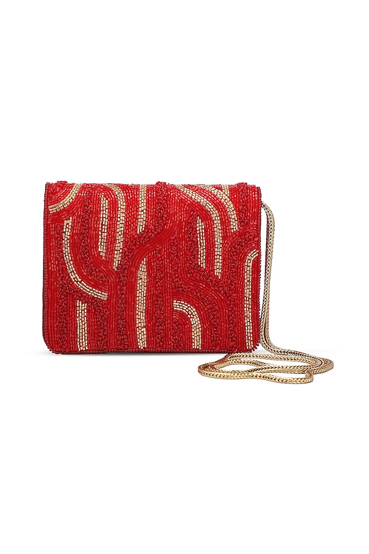 Red Suede Embroidered Clutch by Ricammo