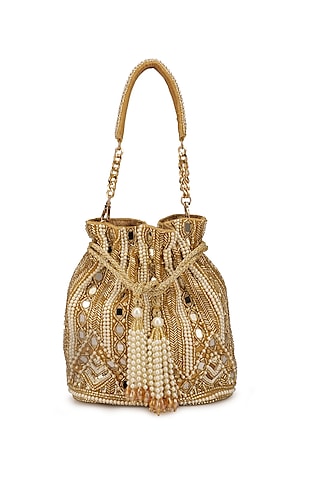 Gold Velvet Embellished Potli by Ricammo