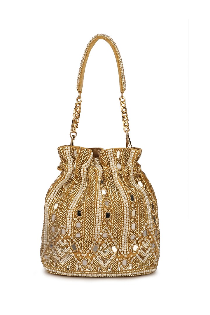 Gold Velvet Embellished Potli by Ricammo at Pernia's Pop Up Shop