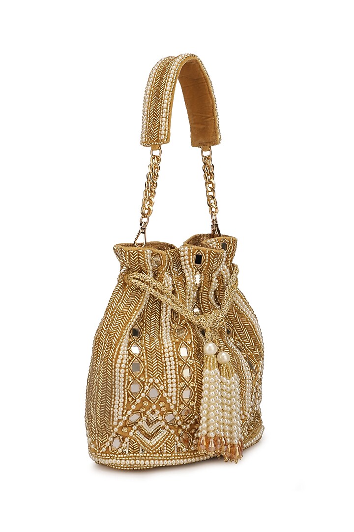 Gold Velvet Embellished Potli by Ricammo at Pernia's Pop Up Shop