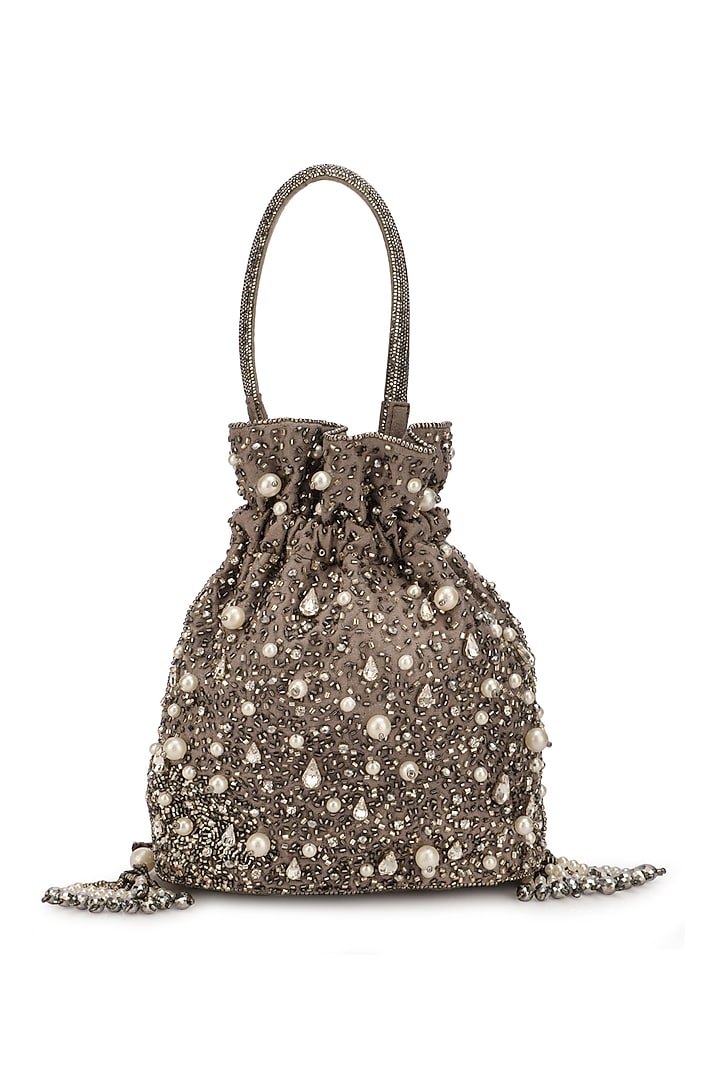 Grey Suede Embellished Potli by Ricammo at Pernia's Pop Up Shop