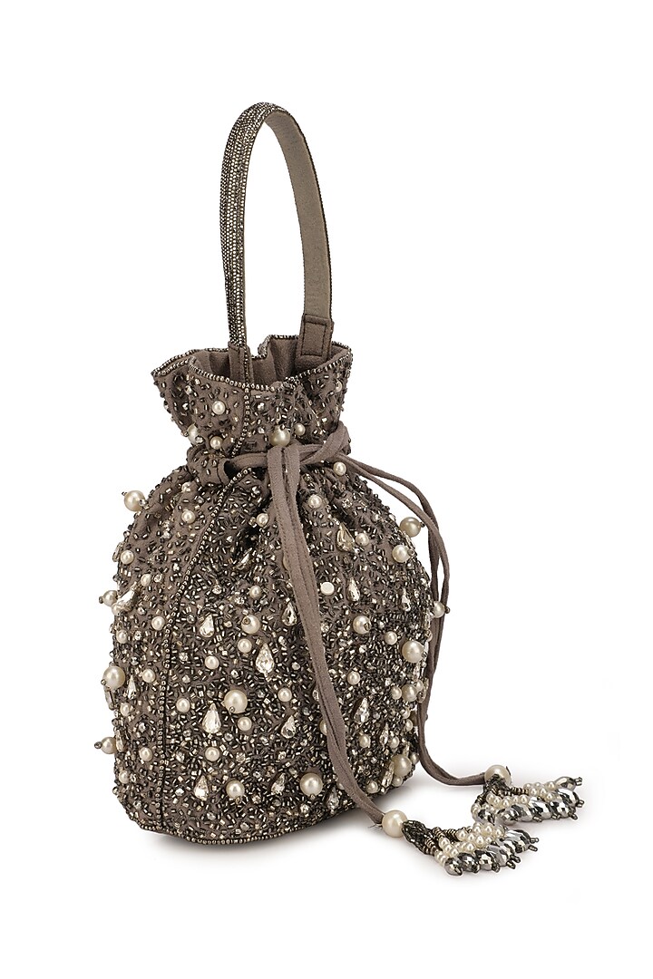 Grey Suede Embellished Potli by Ricammo at Pernia's Pop Up Shop