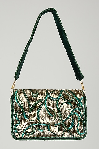 Green Suede Sequin Embellished Handbag by Ricammo
