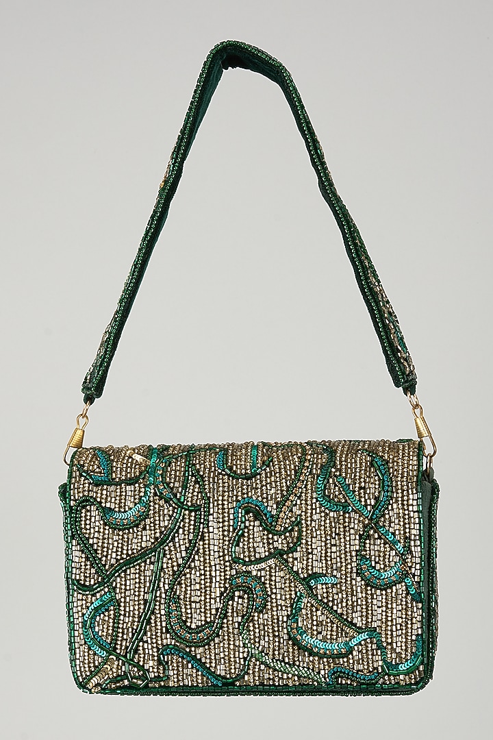 Green Suede Sequin Embellished Handbag by Ricammo at Pernia's Pop Up Shop