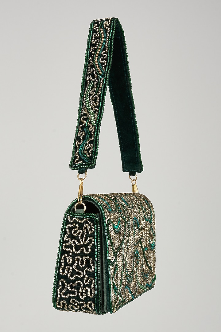 Green Suede Sequin Embellished Handbag by Ricammo at Pernia's Pop Up Shop