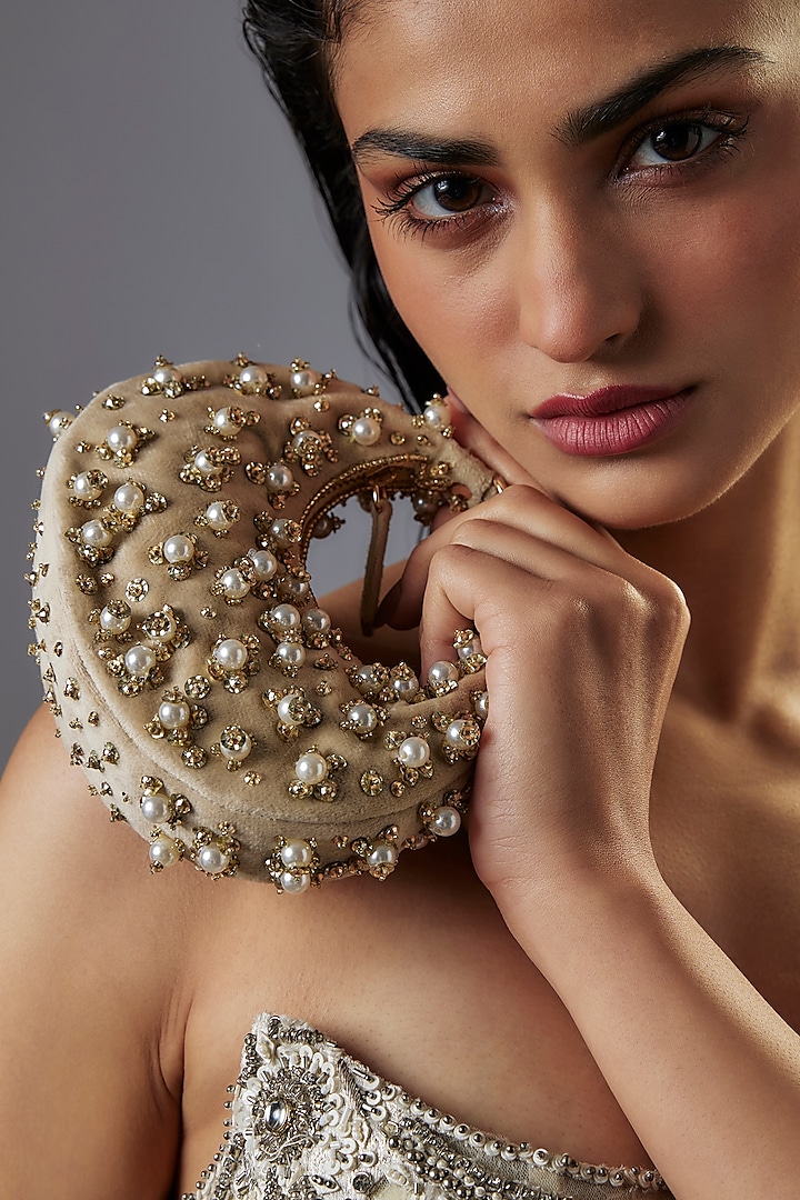 Beige Suede Pearl Embellished Clutch by Ricammo at Pernia's Pop Up Shop