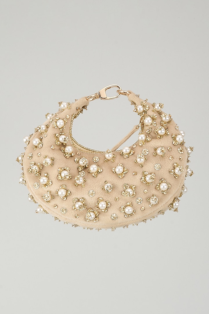 Beige Suede Pearl Embellished Clutch by Ricammo at Pernia's Pop Up Shop