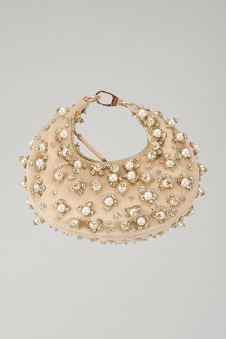 Beige Suede Pearl Embellished Clutch by Ricammo at Pernia's Pop Up Shop