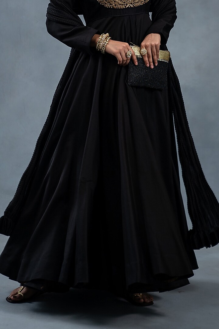 Black Chanderi Silk Zardosi Embroidered Wedding Anarkali Set by RICHA AHLUWALIA at Pernia's Pop Up Shop