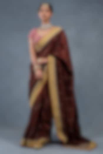 Coffee Brown Chanderi Silk Hand Embroidered Wedding Saree Set by RICHA AHLUWALIA at Pernia's Pop Up Shop