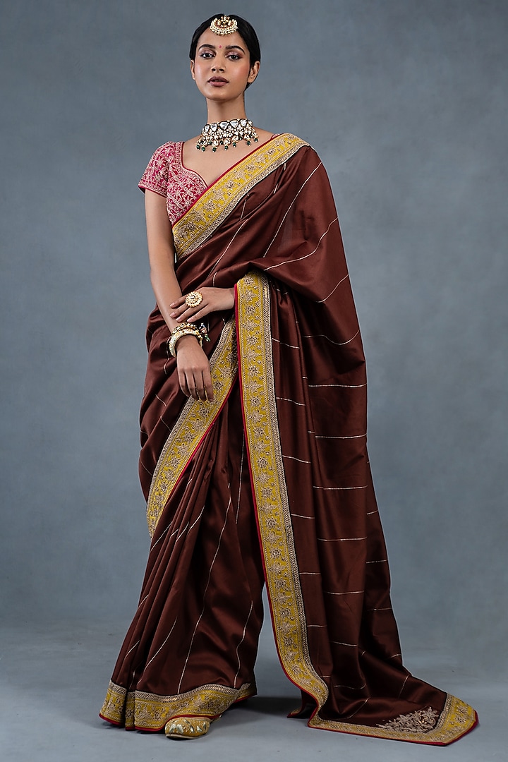 Coffee Brown Chanderi Silk Hand Embroidered Wedding Saree Set by RICHA AHLUWALIA at Pernia's Pop Up Shop