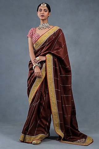 Coffee Brown Chanderi Silk Hand Embroidered Saree Set by RICHA AHLUWALIA