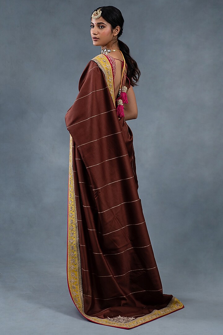 Coffee Brown Chanderi Silk Hand Embroidered Wedding Saree Set by RICHA AHLUWALIA at Pernia's Pop Up Shop
