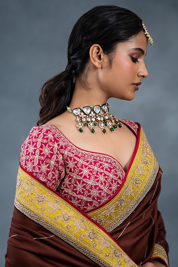 Coffee Brown Chanderi Silk Hand Embroidered Wedding Saree Set by RICHA AHLUWALIA at Pernia's Pop Up Shop