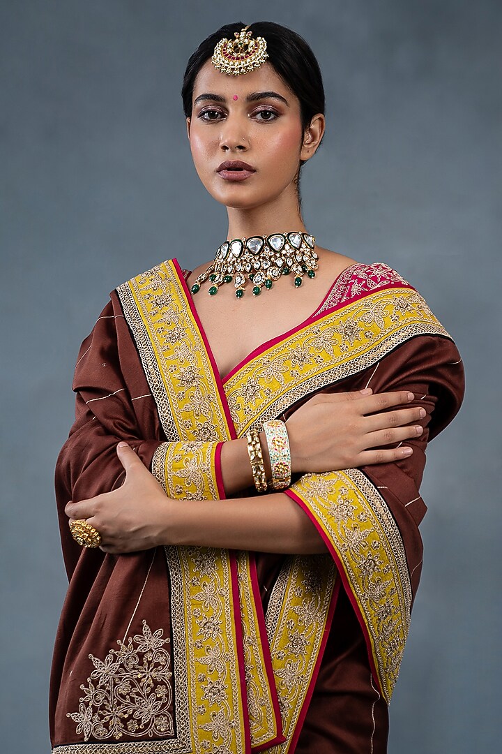 Coffee Brown Chanderi Silk Hand Embroidered Wedding Saree Set by RICHA AHLUWALIA at Pernia's Pop Up Shop