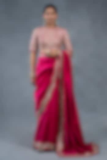 Hot Pink Chanderi Dabka Work Wedding Saree Set by RICHA AHLUWALIA at Pernia's Pop Up Shop