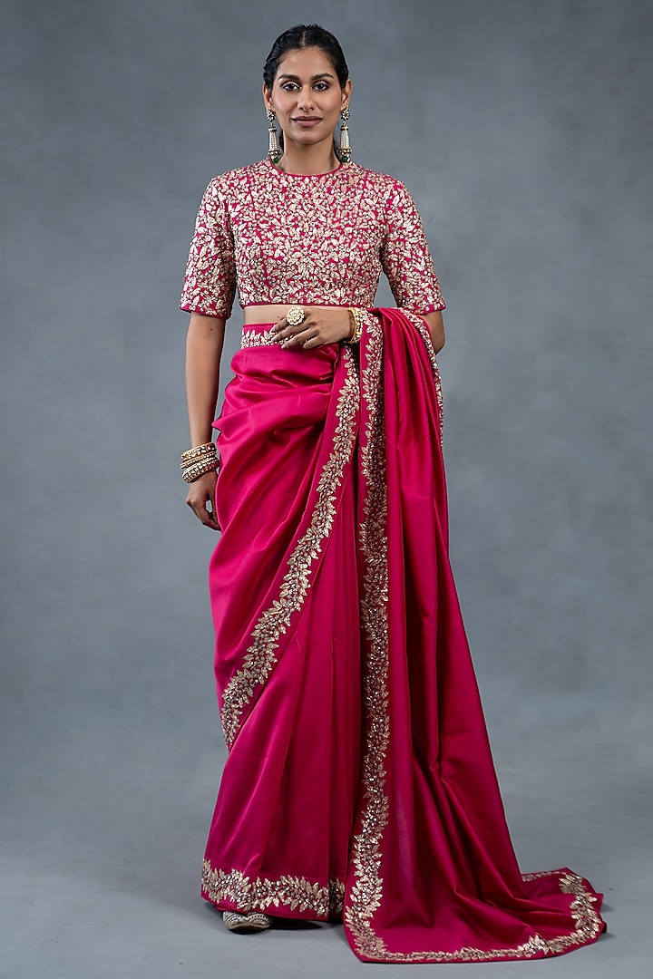 Hot Pink Chanderi Dabka Work Wedding Saree Set by RICHA AHLUWALIA at Pernia's Pop Up Shop