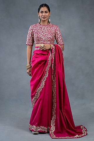 Hot Pink Chanderi Dabka Work Saree Set by RICHA AHLUWALIA
