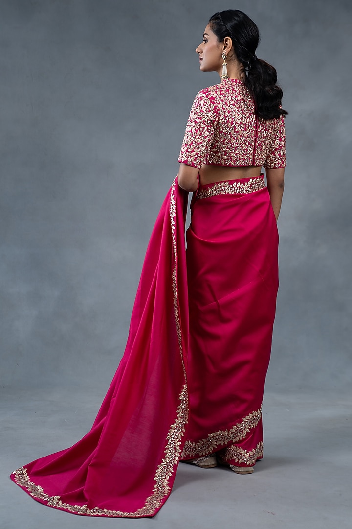 Hot Pink Chanderi Dabka Work Wedding Saree Set by RICHA AHLUWALIA at Pernia's Pop Up Shop