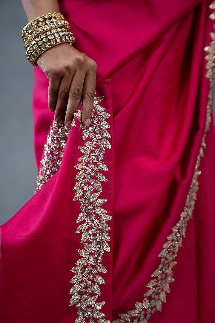Hot Pink Chanderi Dabka Work Wedding Saree Set by RICHA AHLUWALIA at Pernia's Pop Up Shop
