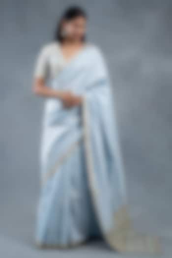 Powder Blue Habutai Silk & Chanderi Zardosi Embroidered Reception Saree Set by RICHA AHLUWALIA at Pernia's Pop Up Shop
