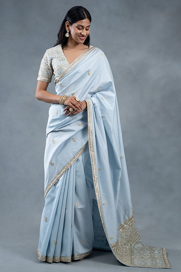 Powder Blue Habutai Silk & Chanderi Zardosi Embroidered Reception Saree Set by RICHA AHLUWALIA at Pernia's Pop Up Shop