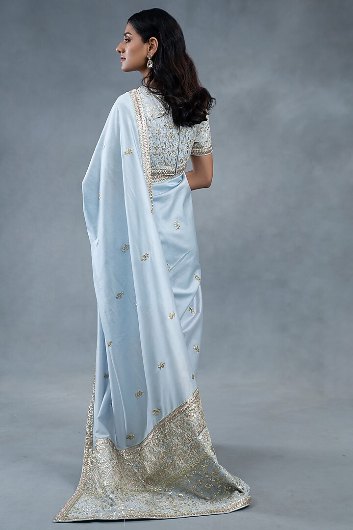 Powder Blue Habutai Silk & Chanderi Zardosi Embroidered Wedding Saree Set by RICHA AHLUWALIA at Pernia's Pop Up Shop