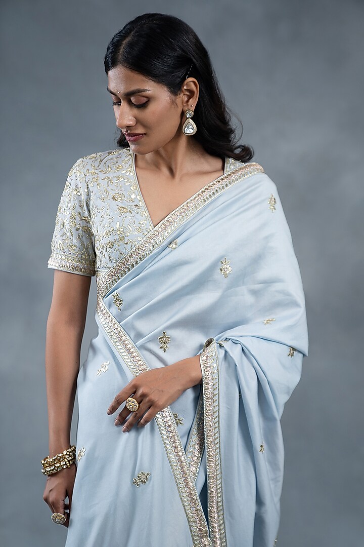 Powder Blue Habutai Silk & Chanderi Zardosi Embroidered Wedding Saree Set by RICHA AHLUWALIA at Pernia's Pop Up Shop