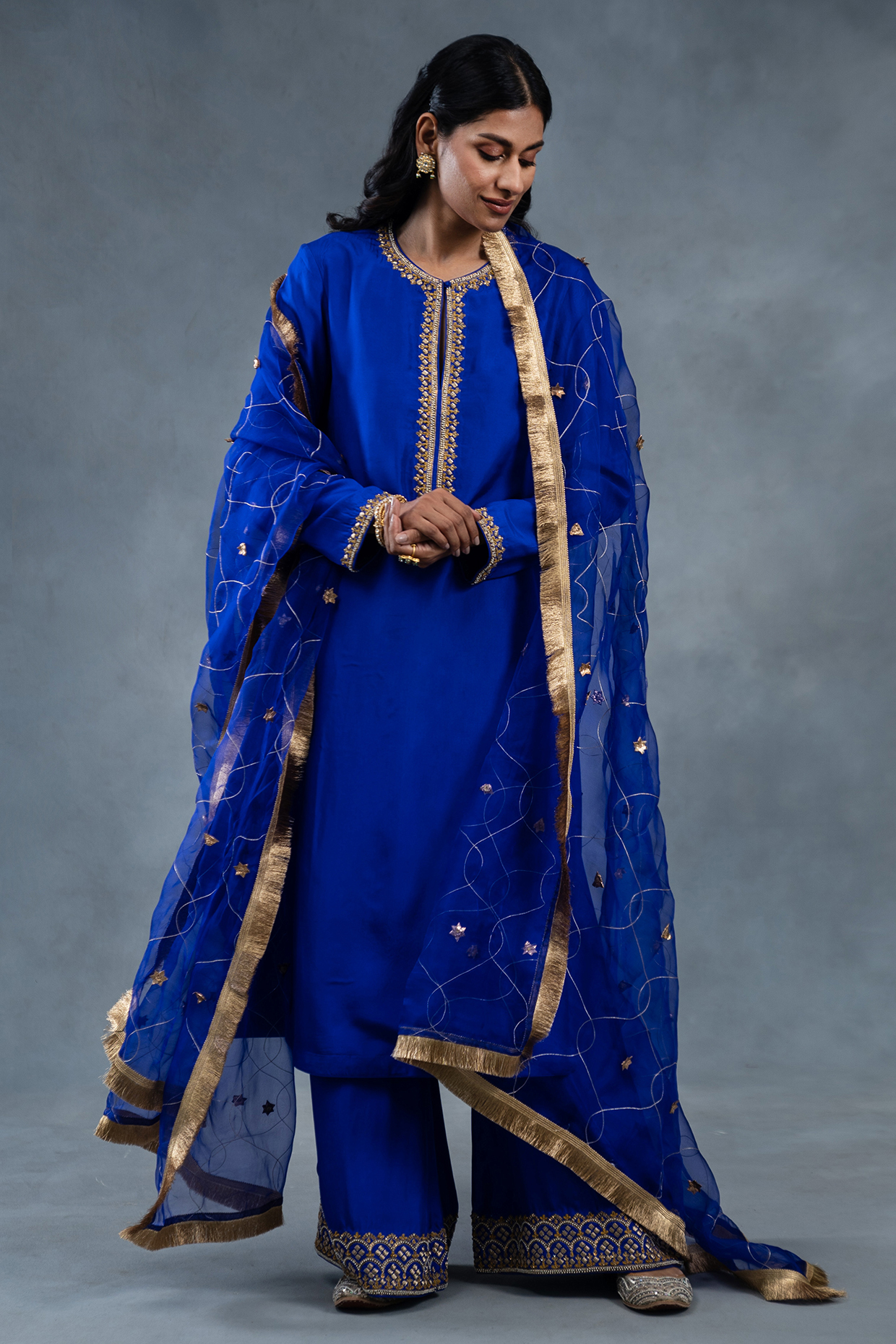 Electric Blue Habutai Silk Hand Embroidered Kurta Set by RICHA AHLUWALIA at Pernia's Pop Up Shop