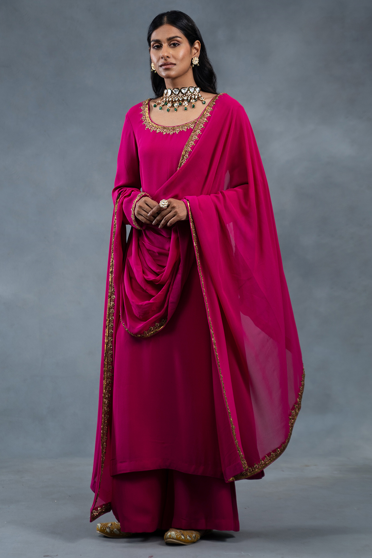 Hot Pink Georgette Hand Embroidered Kurta Set by RICHA AHLUWALIA at Pernia's Pop Up Shop