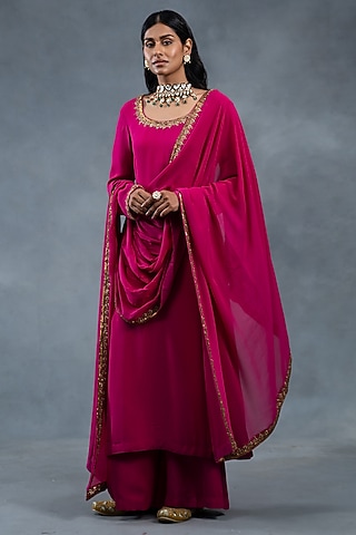 Hot Pink Georgette Hand Embroidered Kurta Set by RICHA AHLUWALIA