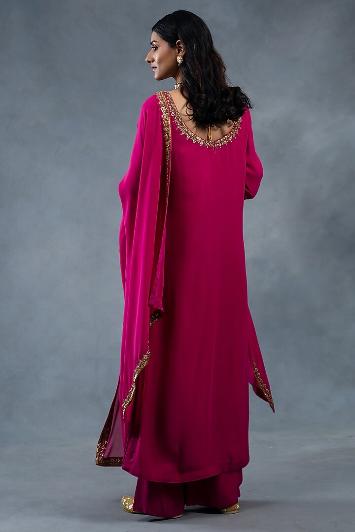 Hot Pink Georgette Hand Embroidered Kurta Set by RICHA AHLUWALIA at Pernia's Pop Up Shop