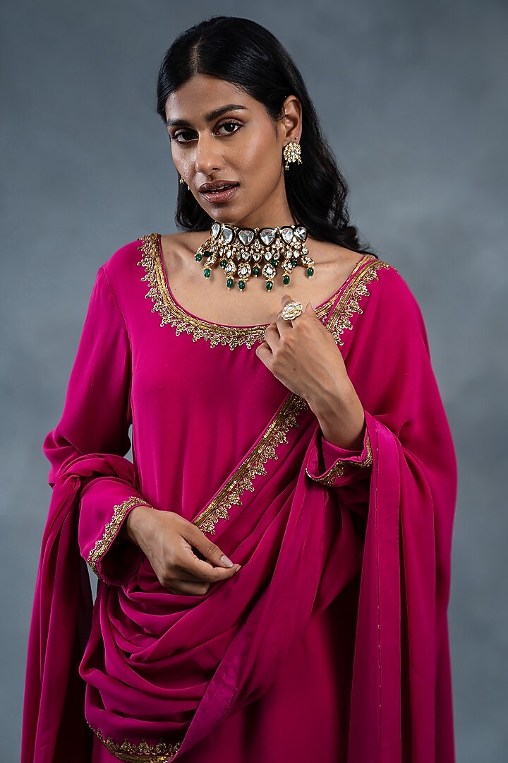 Hot Pink Georgette Hand Embroidered Kurta Set by RICHA AHLUWALIA at Pernia's Pop Up Shop
