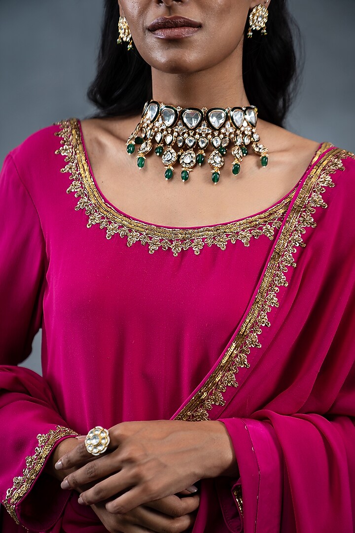 Hot Pink Georgette Hand Embroidered Kurta Set by RICHA AHLUWALIA at Pernia's Pop Up Shop