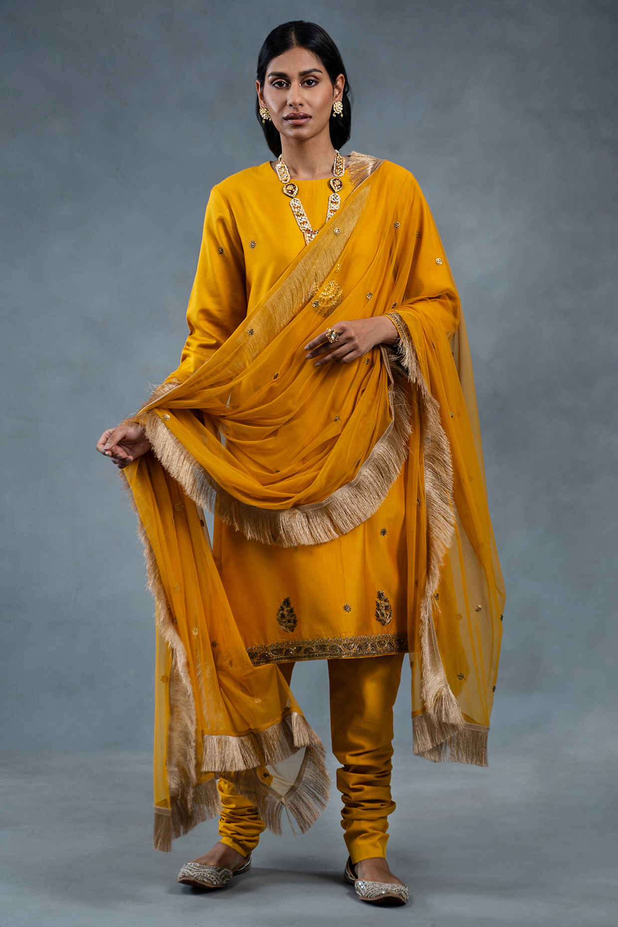 Mustard Yellow Chanderi Gold Embroidered Kurta Set by RICHA AHLUWALIA at Pernia's Pop Up Shop
