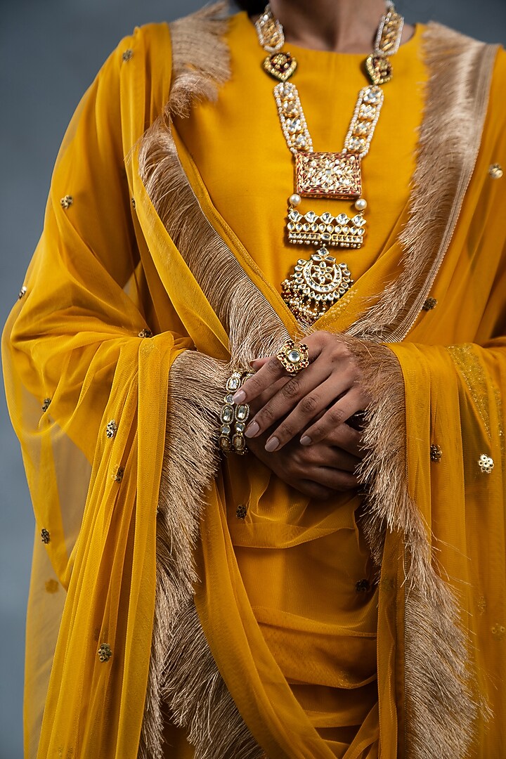 Mustard Yellow Chanderi Gold Embroidered Kurta Set by RICHA AHLUWALIA at Pernia's Pop Up Shop