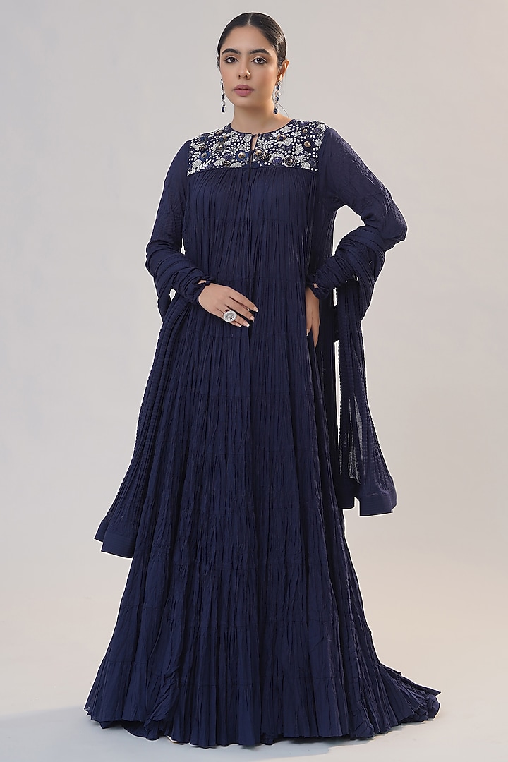 Midnight Blue Mulmul Zardosi Work Jalabiya Set by RICHA AHLUWALIA at Pernia's Pop Up Shop
