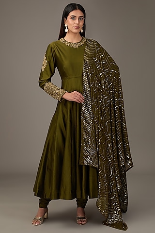 Olive Green Chanderi Silk Zardosi Work Anarkali Set by RICHA AHLUWALIA